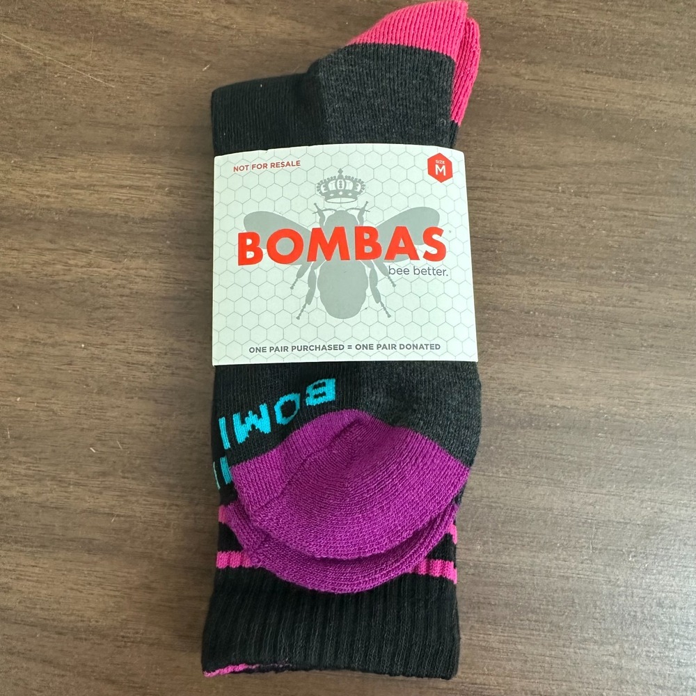 Bombas Bee Better Crew Socks Black Purple Graphic Print Soft Knit Womens Medium